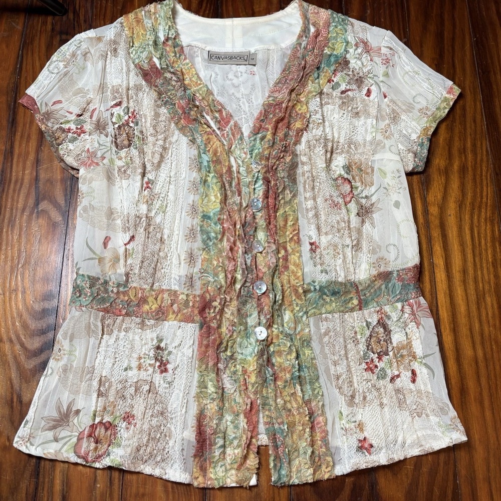 Colorful Floral Lace Ivory Sheer Ruffle Art Whimsical Top Canvasbacks Sz 4 A623